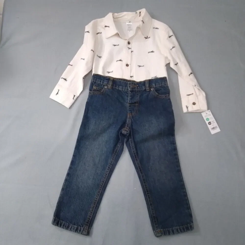Carters Outfit Boy Sz 18m Jeans Shirt Airplanes Easter Warm Festival Spring 2pc